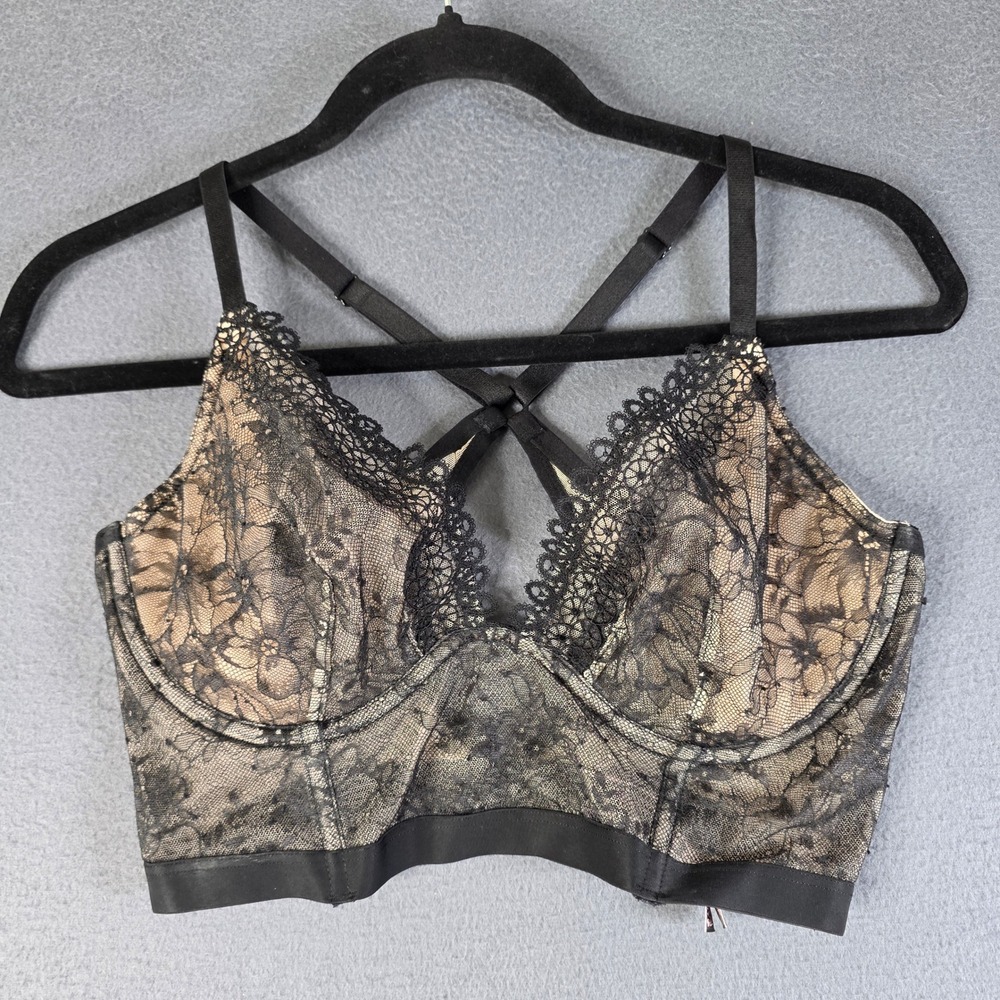 Victoria Secret Longline Bra Womens 34D Black Lace Unlined Plunge Bralette